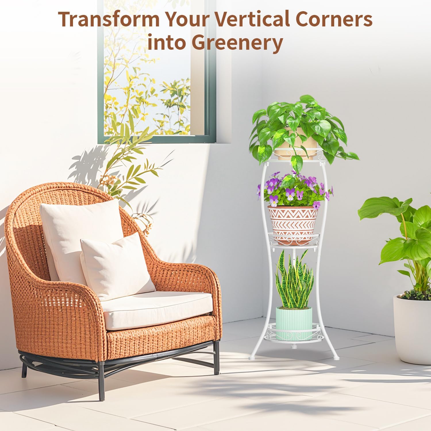LASZOLA 3 Tiers Metal Corner Plant Flower Stand Tall Indoor Outdoor, White